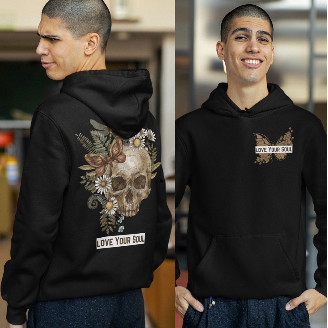 Two models wearing black unisex hoodies with a graphic design of a skull and flowers, and the text 'LOVE YOUR SOUL' on the front.