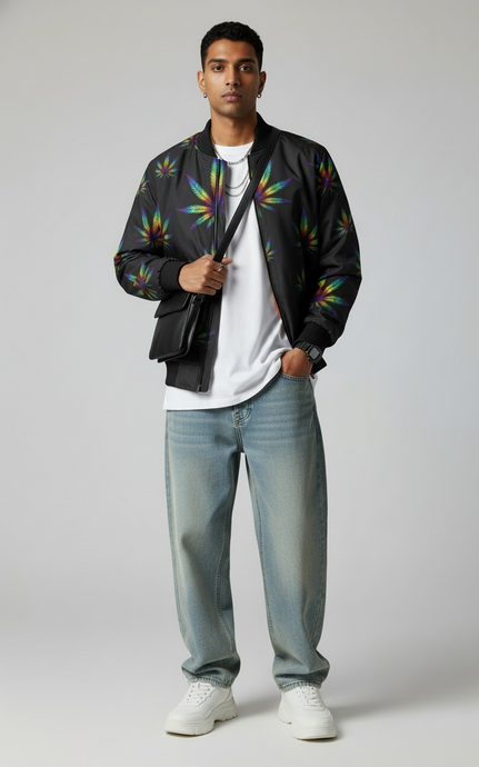 Man wearing a black bomber jacket with colorful patterns, white t-shirt, light blue jeans, and white sneakers on a plain background.